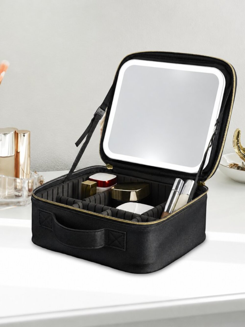 LED Lighted Makeup Train Case Travel Cosmetic Organizer Black USB Rechargeable